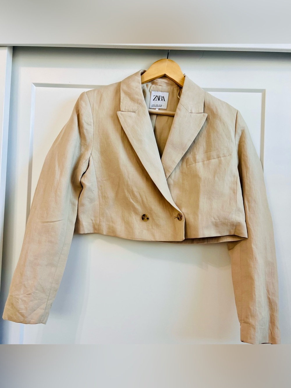 Zara Cropped Double-Breasted Linen Blend Blazer Jacket Beige Women’s M - Picture 4 of 7